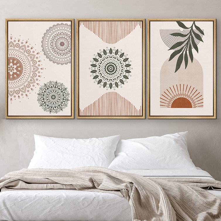 Mid Century Modern Boho Geometric Mandala Pattern Forest Plant 3 Piece Floater Frame Graphic Art Set on Canvas